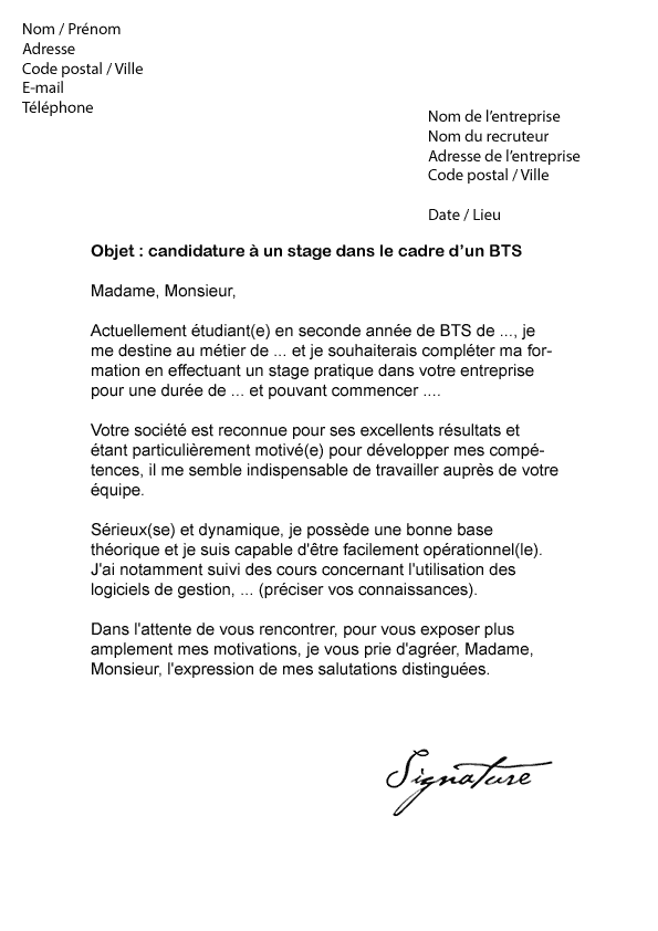 Lettre de motivation Stage BTS - Modèle de Lettre