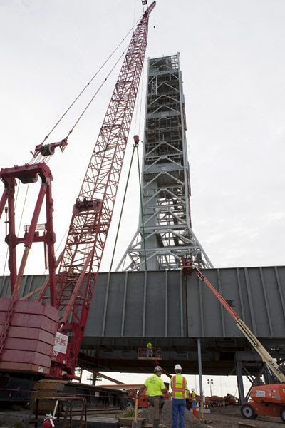 Modification work continues on the Mobile Launcher at NASA's Kennedy Space Center in Florida, on September 22, 2014.