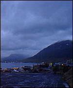 Mountains, town and fjord.   Photo by  the BBC's Alex Kirby