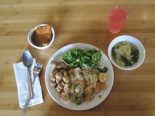 Egg and spinach soup, tortelini, salad, mushrooms, pouding chômeur, lemonade - $6 at the Bistro