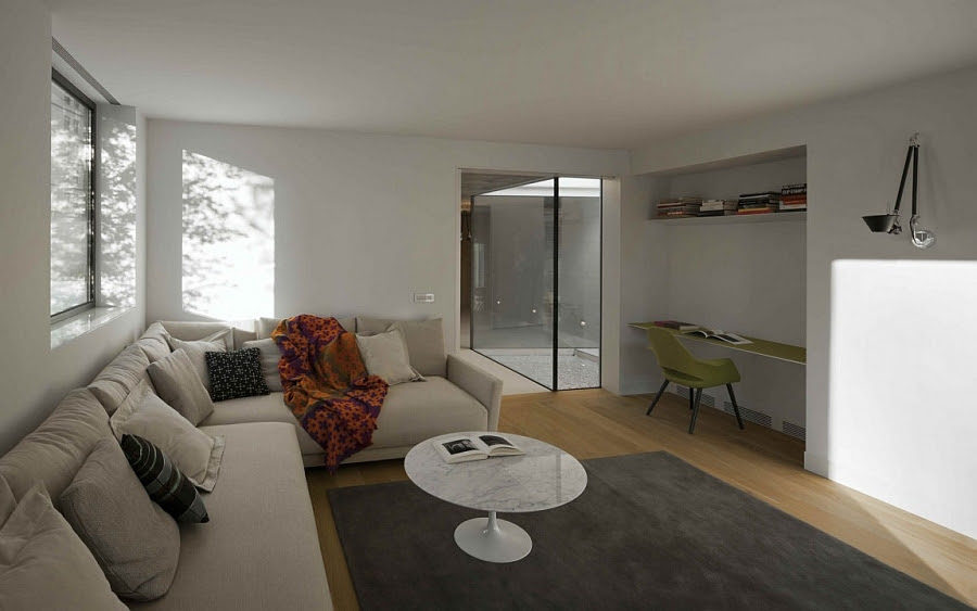 Phòng khách màu trắng với thiết kế nội thất hiện đại