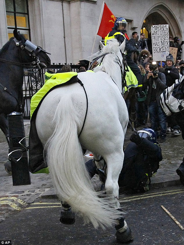 Unseated: A police rider lies on the ground after he was pulled off his horse by protesters