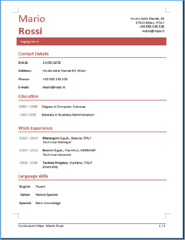 Curriculum Vitae In Inglese Traduzione