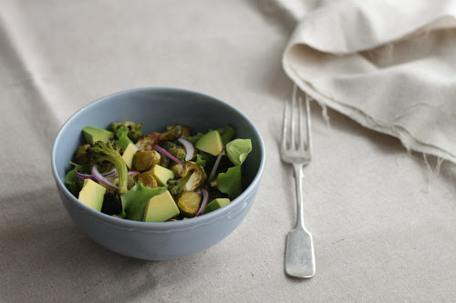 Roasted Brussels sprouts and avocado salad