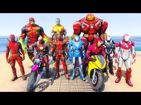 DEADPOOL Army VS IRON MAN ARMY Motorcycles Challenge At Sea ft.SpiderMan - GTA V MODS