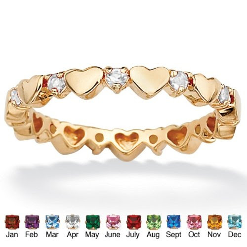 Round Simulated Birthstone 18k Yellow Gold-Plated Heart Eternity Band Stack Ring- April- Simulated Diamond