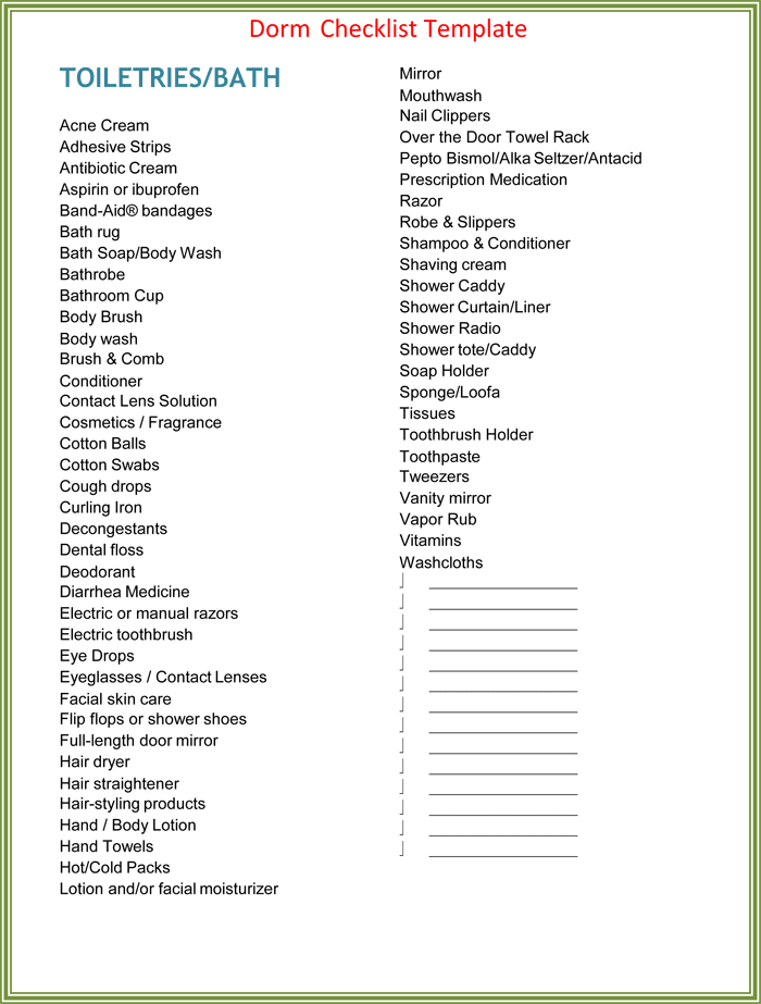 Dorm Room Checklist Template Dorm Room Essentials