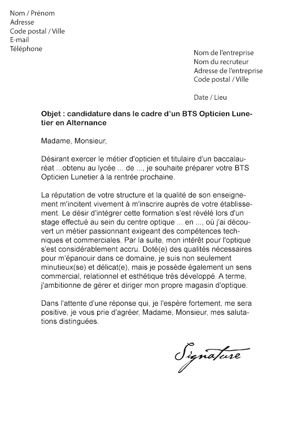 Lettre de motivation BTS Opticien Lunetier (Alternance ...