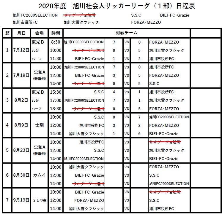 年度旭川社会人サッカーリーグ日程表掲載