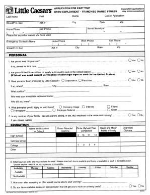 Fillable APPLICATION FOR PART TIME EMPLOYMENT - Little Caesars Pizza
