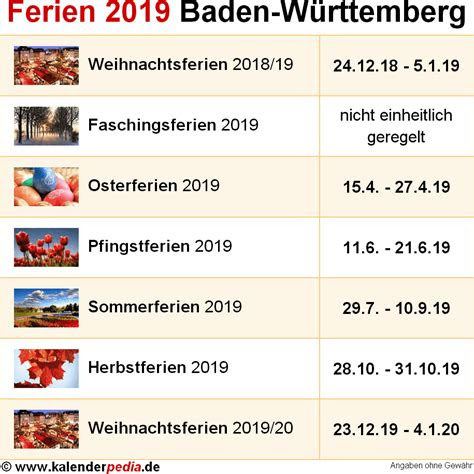 In einigen bundesländern werden über die ferien hinaus noch weitere bewegliche ferientage vergeben. Ferien Baden-WÃ¼rttemberg 2019 - Ãbersicht der Ferientermine