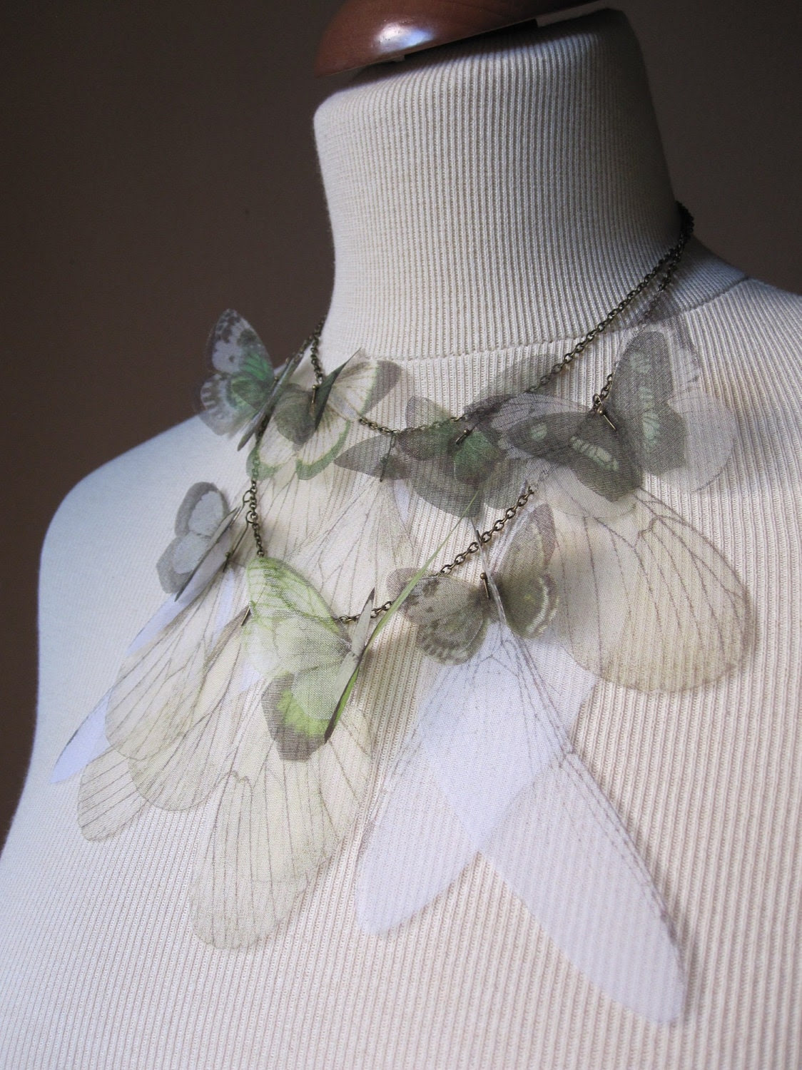 I Will Fly Away - Green Butterflies and Wings Silk Organza Double Statement Necklace - Made to Order
