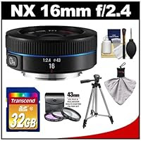 Samsung 16mm f/2.4 NX Ultra Wide Pancake Lens with 32GB Card + Tripod + 3 UV/FLD/CPL + Accessory Kit for NX200, NX210, NX300, NX1100, NX2000 Digital Cameras