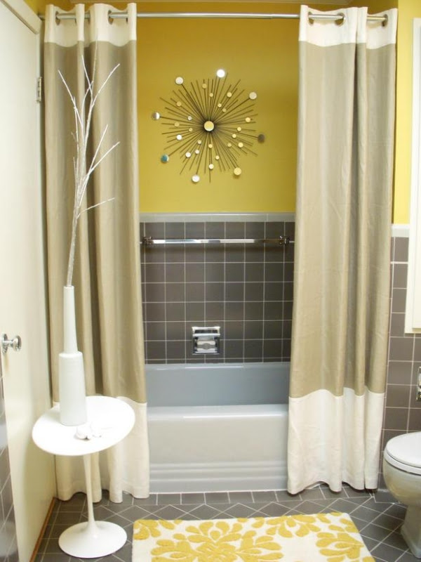 Bathroom colors gray yellow curtain wall mirror