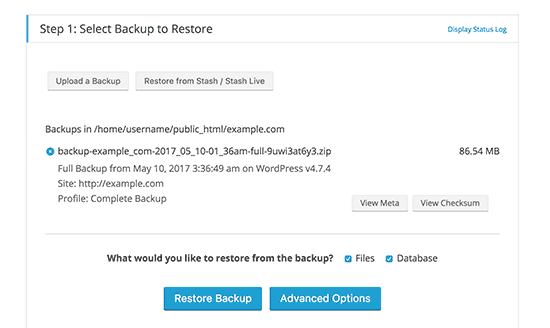 Select your backup file