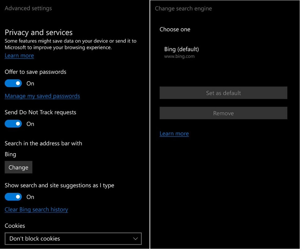 Edge (Windows 10 Mobile): Search Engine change to Google ...