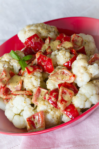 Cauliflower with creamy pepper and pesto sauce  Cauliflower with creamy bell pepper and pesto sauce