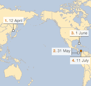 Map showing the route that the Chong Chon Gang took before being seized in Panama