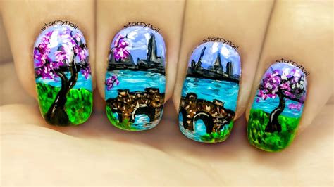 city landscape cherry trees freehand nail art youtube