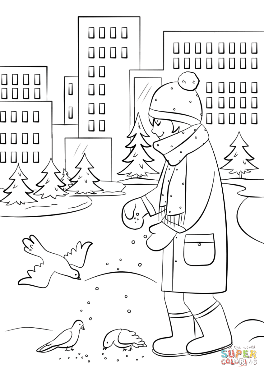 feeding birds in winter coloring page  free printable
