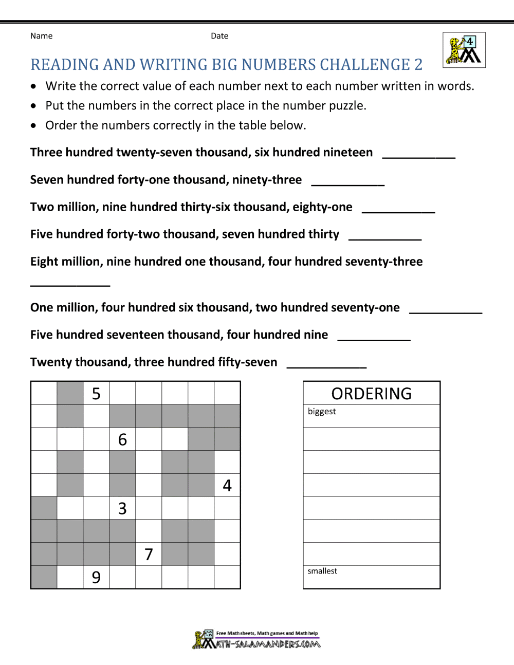 4th Grade Math Worksheets: Reading, Writing and Rounding BIG Numbers