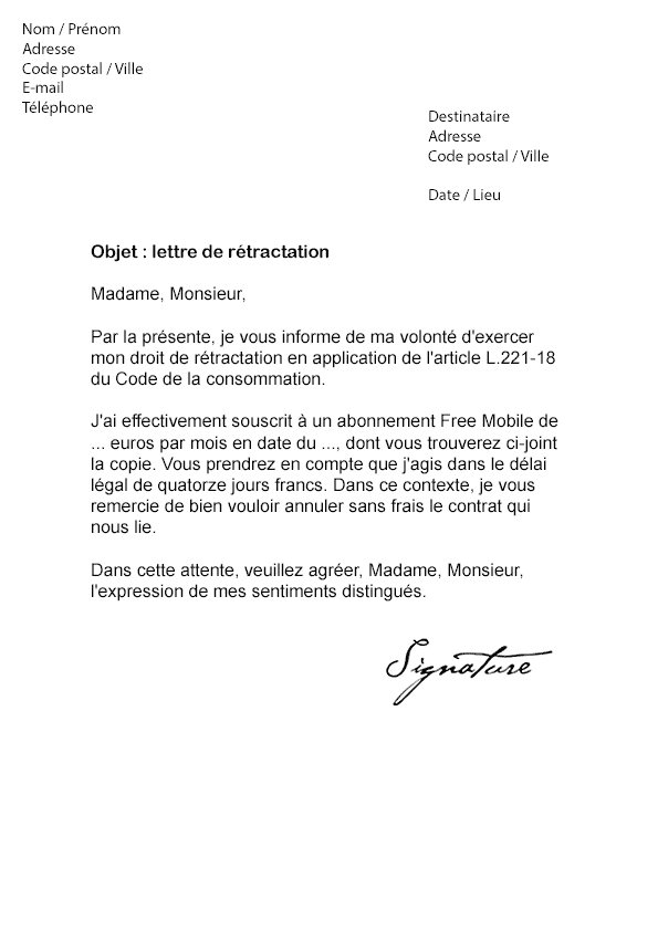 lettre de resiliation free mobile