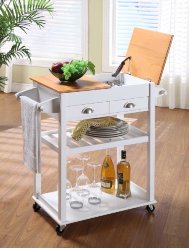 White & Natural Finish Wood Kitchen Storage Serving Cart