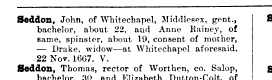 Seddon John of Wbitechapel Middlesex gent bachelor about 22 and Anne Rainey of вате spinster about 19 consent of mother Drake widow at Whitechapel aforesaid 22 No 1667 V Seddon Thomas rector of Worthen со Salop 