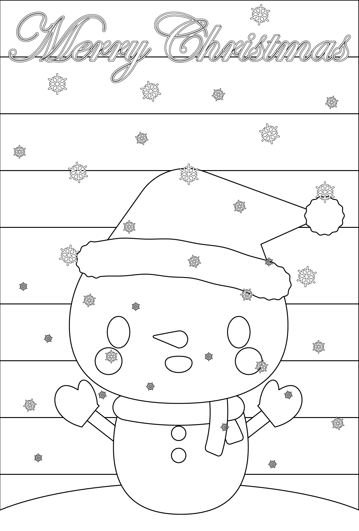 塗り絵に最適な白黒でかわいいスノーマン 雪だるま のクリスマスカード