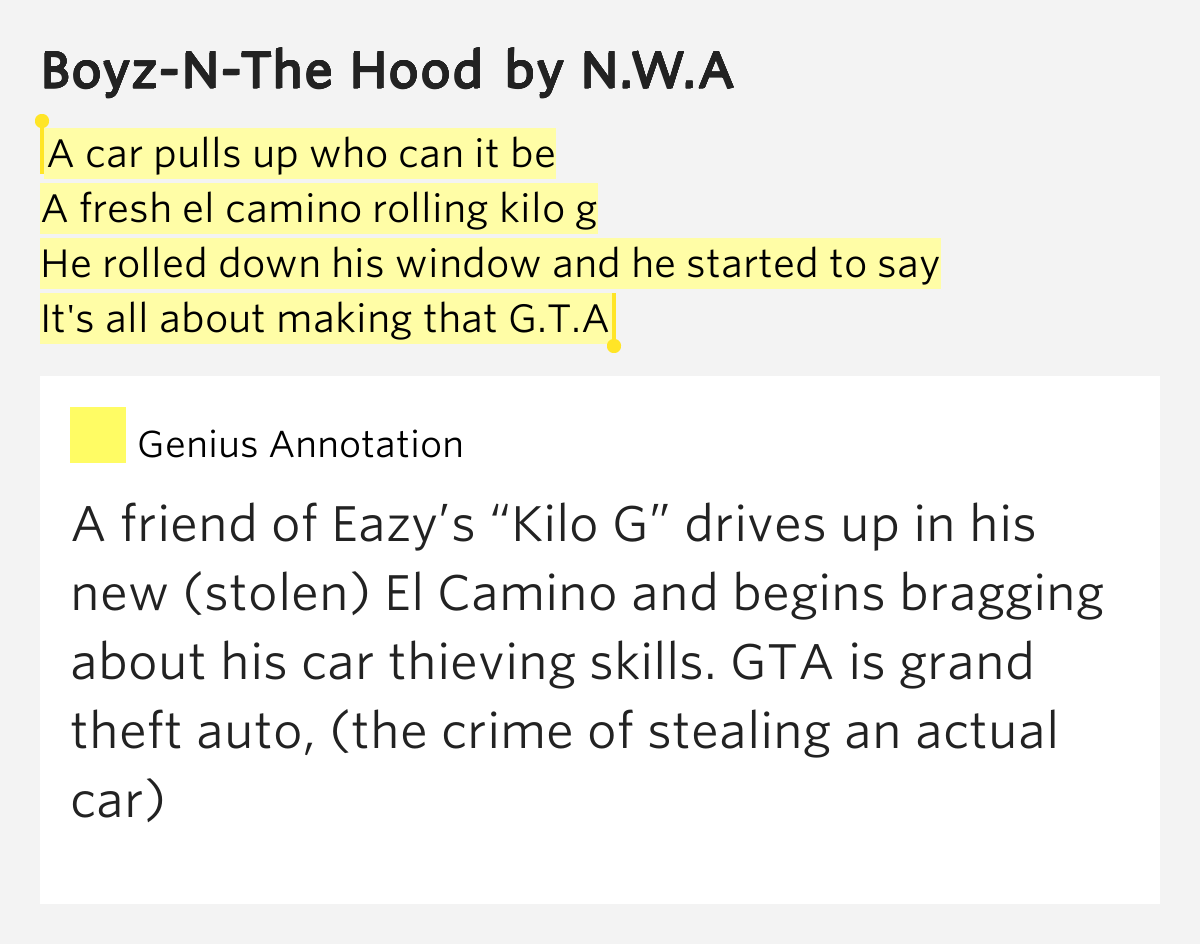 car pulls up who can it be / A fresh el camino rolling kilo g / He ...