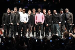 This picture provided by Starpix shows members of 98 Degrees, Boyz II Men, and New Kids on the Block, during the announcement of The Package Tour, Tuesday, Jan. 22, 2013 in New York. The major summer tour will feature the three bands. (AP Photo/Starpix, Kristina Bumphrey)