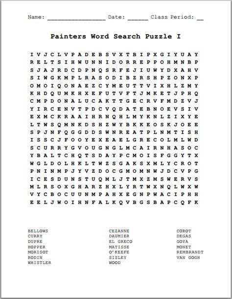  famous painters word search puzzles student handouts