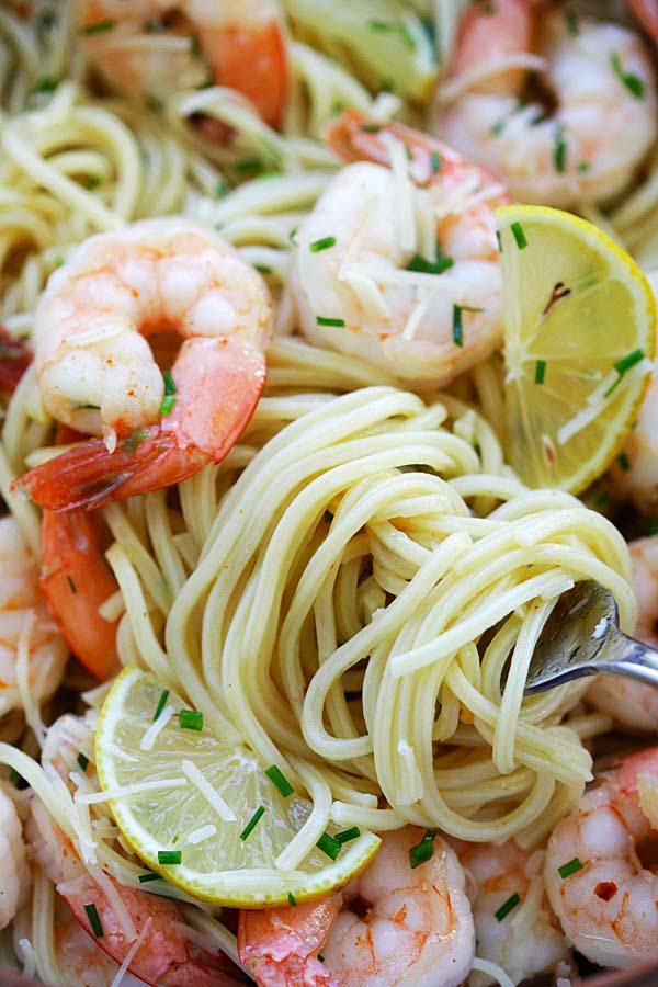 Garlic Chive Butter Shrimp Pasta (Mauviel Review)