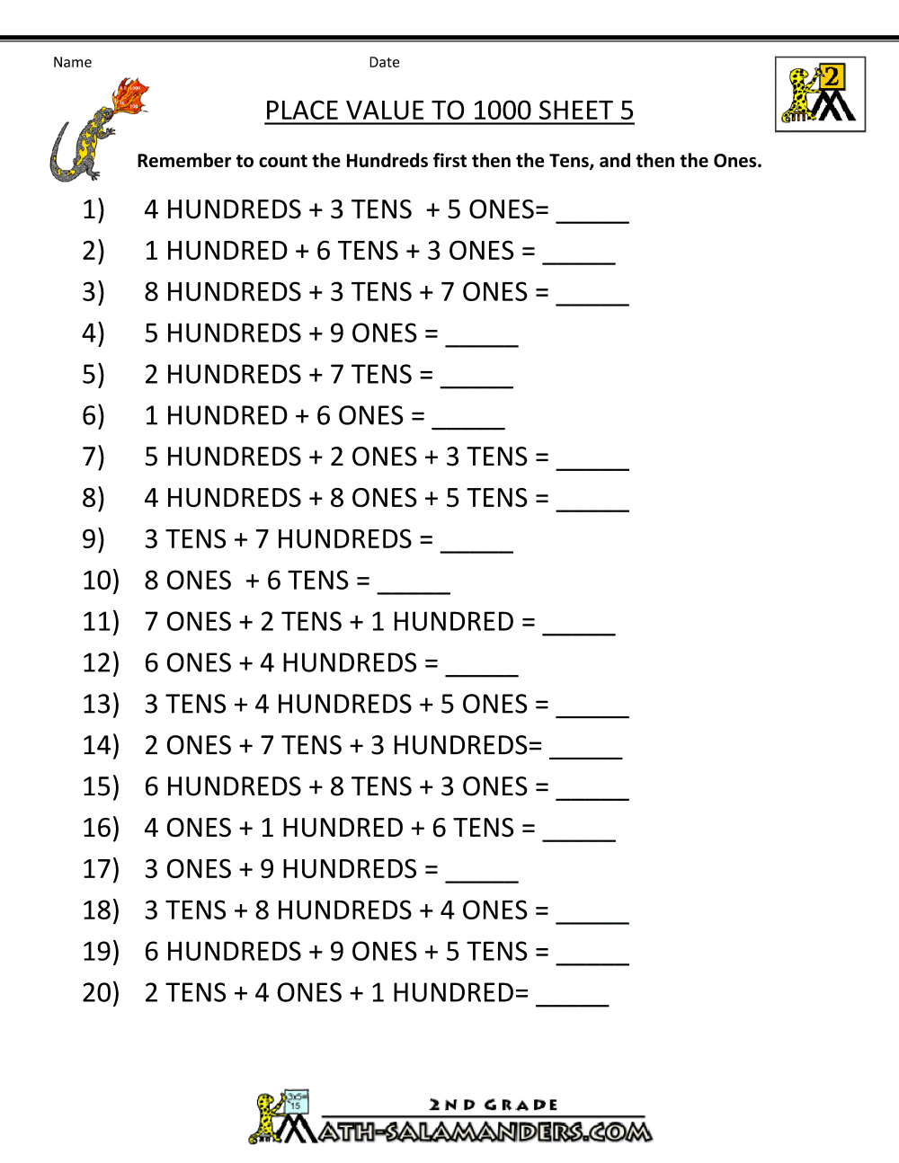 math place value worksheets to 1000