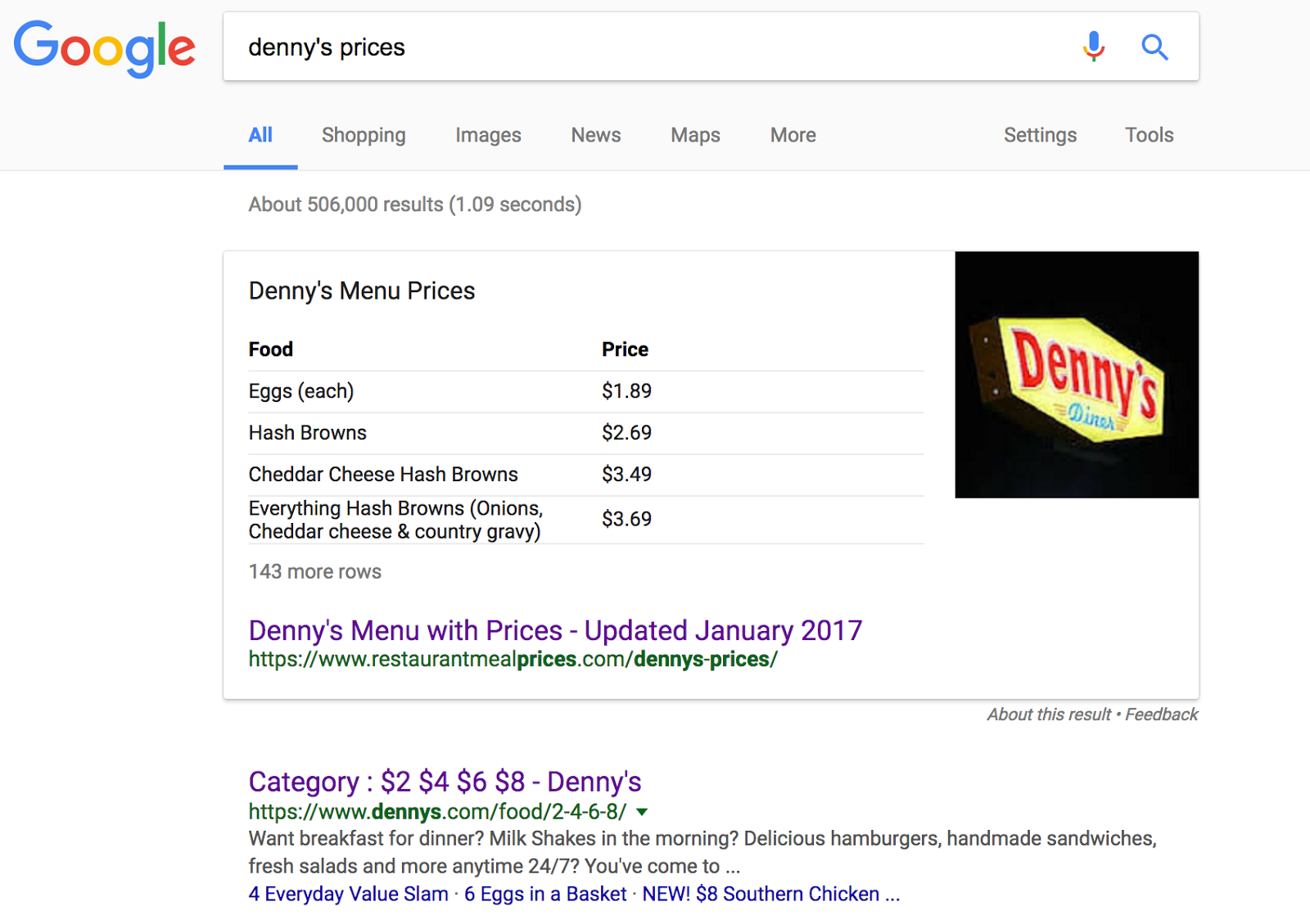 Screenshot: SERP & snippet for denny's menu prices