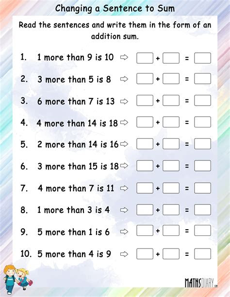 Adding up to 20 is as easy as counting balloons! changing a statement to addition sum worksheets math worksheets