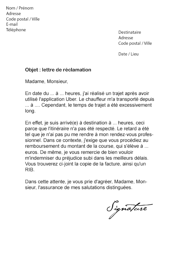 Lettre de réclamation Uber (Remboursement suite à un 