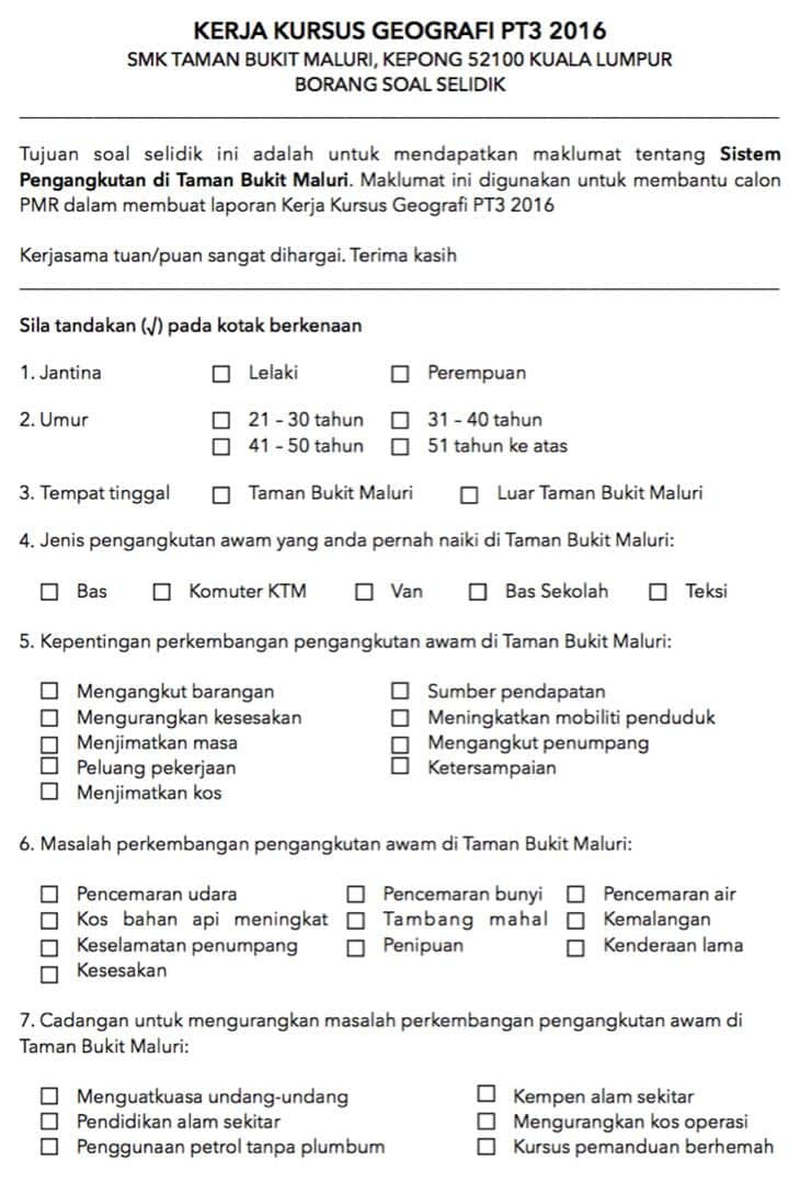 Contoh Soalan Geografi Pt3 2015.Contoh Borang Soal Selidik 