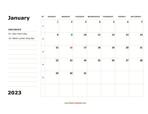  free download printable calendar 2023 large box holidays listed