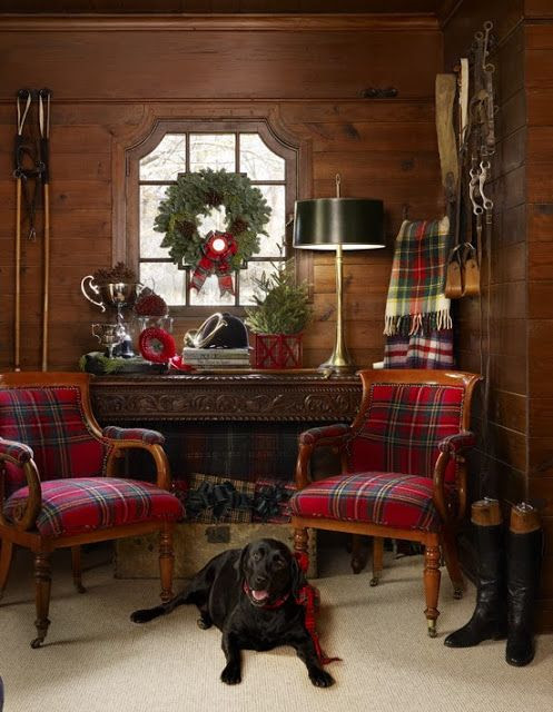 Paneled room with plaid chairs -- Christmas decorating -- The Polohouse -- photo by Werner Straube for Midwest Living