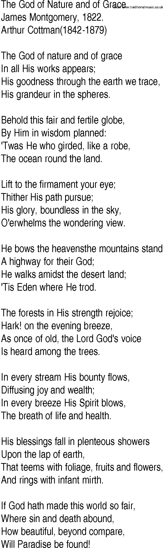 Hymn And Gospel Song Lyrics For The God Of Nature And Of Grace By James Montgomery