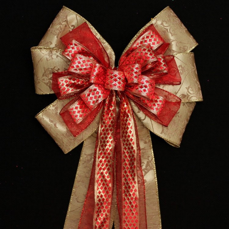 Gold Tapestry Red Diamond Christmas Bow Tree Topper Mantel Wedding Church Bows