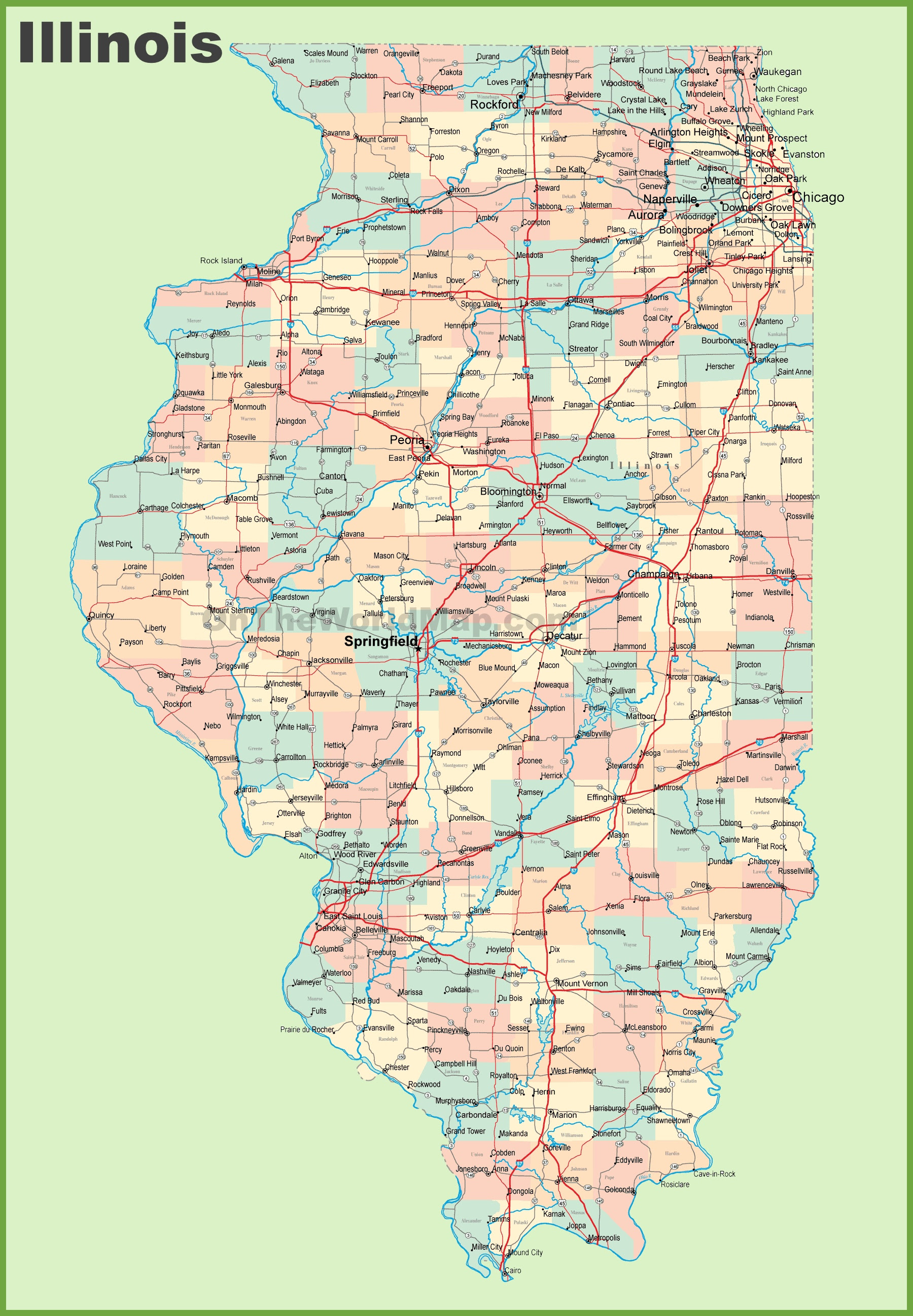City Map Of Illinois Map of Illinois with cities and towns
