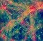A new simulation could reveal how galaxies and dark matter formed in the early universe. Here gas in the Eagle Simulation shows hot bubbles (red colors) surrounding large galaxies, connected by colder filaments (blue and green colors). The insets show the distribution of gas, stars and dark matter