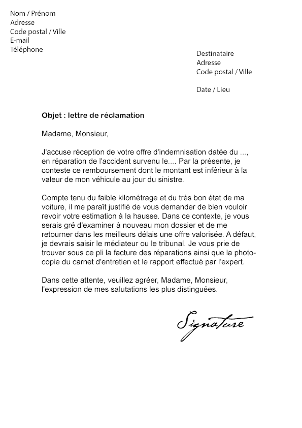 Lettre de réclamation Assurance (Contestation d'un 