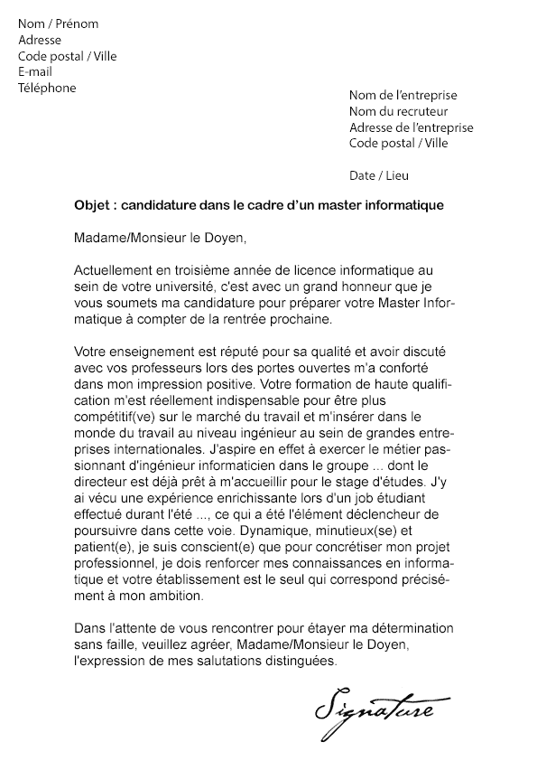 Lettre de motivation Master Informatique - Modèle de Lettre