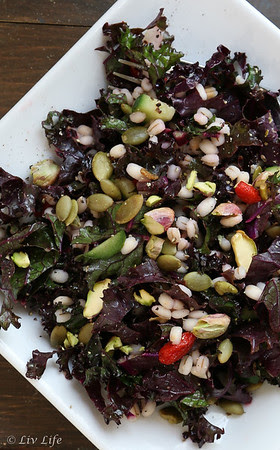Lemony Kale Salad with Goji Berries, Farro and Pistachio