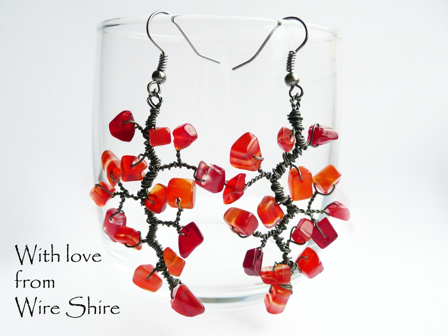 Bright Red Carnelian Tree Branch Wire Wrapped Earrings