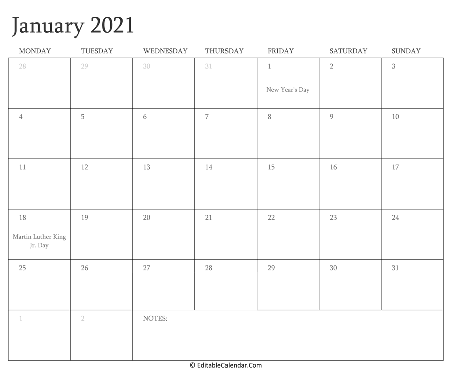 January 2021 Calendar Templates
