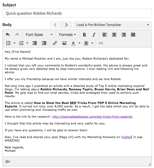 Ninja Outreach email template